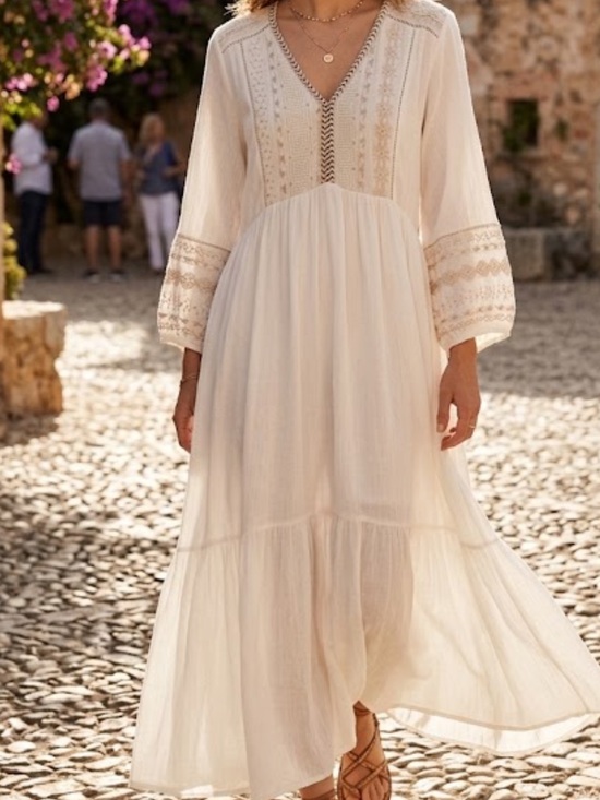 Zara Dresses & Skirts - Zara Boho White Embroidered V-Neck Midi Dress